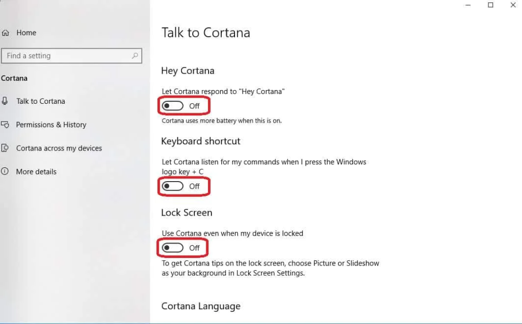 deshabilitar la configuración de Windows Cortana
